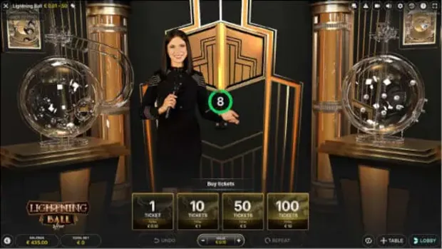 Lightning Ball ticket purchase screen showing 1, 10, 50 and 100 ticket options with total bet displayed