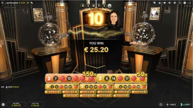 Lightning Ball win screen showing a 25.20 euro payout after a 150x and a 50x multiplier hit